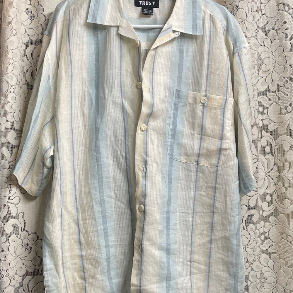 100% Linen Trust Men's Casual Striped Shirt - Yellow and Cream